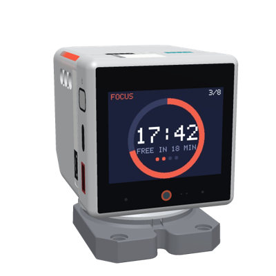 The robot running Focus: a red ring, 17:42 left, its LEDs counting down